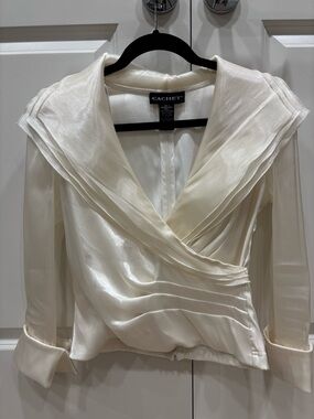 Cachet Ivory Satin Wrap Blouse with Draped Collar